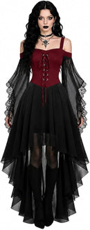 Women Witch Dress Halloween Costumes Vampire Woman Renaissance Medieval Butterfly Sleeve Mesh Gothic Dresses - Red - Size L