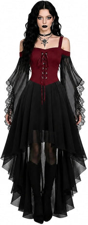 Women Witch Dress Halloween Costumes Vampire Woman Renaissance Medieval Butterfly Sleeve Mesh Gothic Dresses - Red - Size XL