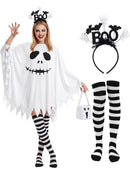 4 Pcs Halloween Ghost Costume Set for Women Adult, Scary Ghost Poncho Headband Striped Stockings Candy Bag for Halloween Cosplay Party