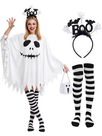 4 Pcs Halloween Ghost Costume Set for Women Adult, Scary Ghost Poncho Headband Striped Stockings Candy Bag for Halloween Cosplay Party