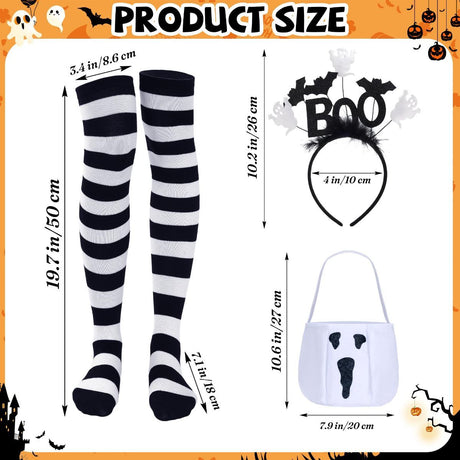 4 Pcs Halloween Ghost Costume Set for Women Adult, Scary Ghost Poncho Headband Striped Stockings Candy Bag for Halloween Cosplay Party