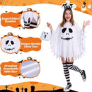 4 Pcs Halloween Ghost Costume Set for Women Adult, Scary Ghost Poncho Headband Striped Stockings Candy Bag for Halloween Cosplay Party