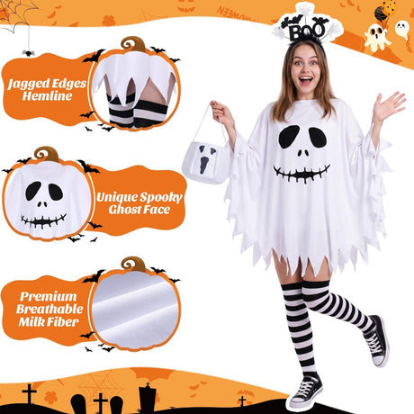 4 Pcs Halloween Ghost Costume Set for Women Adult, Scary Ghost Poncho Headband Striped Stockings Candy Bag for Halloween Cosplay Party
