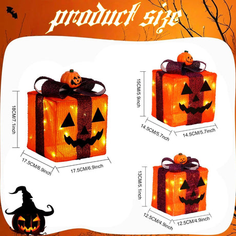 3 Pack Lighted Halloween Pumpkin Gift Boxes, 60 LED Battery Operated Jack O Lantern Decorations with Timer & 8 Modes