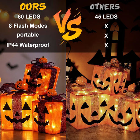 3 Pack Lighted Halloween Pumpkin Gift Boxes, 60 LED Battery Operated Jack O Lantern Decorations with Timer & 8 Modes