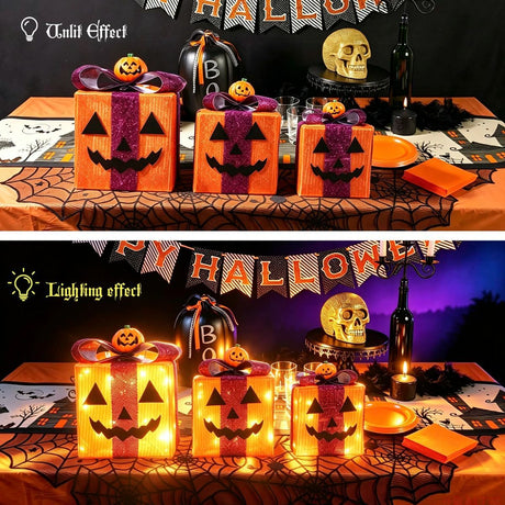 3 Pack Lighted Halloween Pumpkin Gift Boxes, 60 LED Battery Operated Jack O Lantern Decorations with Timer & 8 Modes