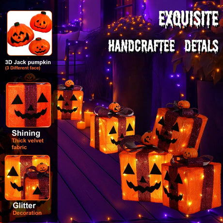 3 Pack Lighted Halloween Pumpkin Gift Boxes, 60 LED Battery Operated Jack O Lantern Decorations with Timer & 8 Modes