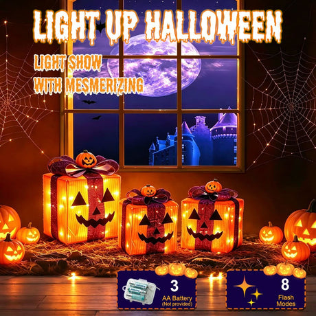 3 Pack Lighted Halloween Pumpkin Gift Boxes, 60 LED Battery Operated Jack O Lantern Decorations with Timer & 8 Modes