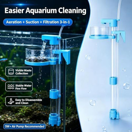 Waste Collector Aquarium Debris Remover, Blue Transparent Tube with Removable Mesh Cup Clip on Mount for Routine Water Care - White - Size 1Pack