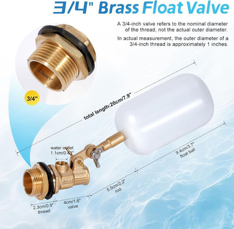 1/2in Float Valve, Water Level Control Auto Fill Valve Adjuatable Arm, 60 PSI, 1.5GPM Flow, Brass Valve & Plastic Float Ball, For Water Tank, Pool, Fountain, Pet Water Dispenser - White - Size 1/2in