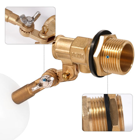 1/2in Float Valve, Water Level Control Auto Fill Valve Adjuatable Arm, 60 PSI, 1.5GPM Flow, Brass Valve & Plastic Float Ball, For Water Tank, Pool, Fountain, Pet Water Dispenser - White - Size 1/2in