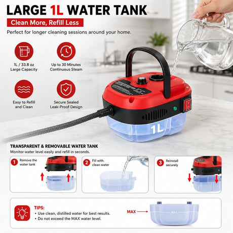 Versora Pro Car Steam Cleaner, 2500W Steam Cleaner, Lightweight High-Temp Steamer for Auto Detailing, Sofa, Tile & Grease, Large Tank + Brush Heads Included  - Red