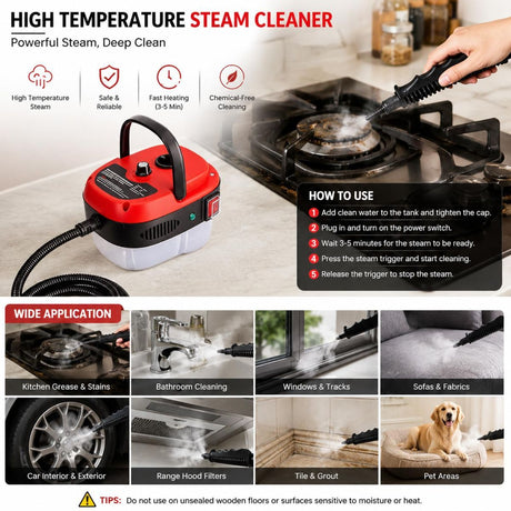 Versora Pro Car Steam Cleaner, 2500W Steam Cleaner, Lightweight High-Temp Steamer for Auto Detailing, Sofa, Tile & Grease, Large Tank + Brush Heads Included  - Red