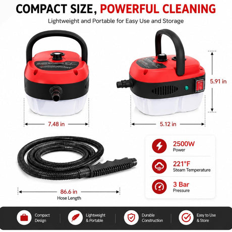 Versora Pro Car Steam Cleaner, 2500W Steam Cleaner, Lightweight High-Temp Steamer for Auto Detailing, Sofa, Tile & Grease, Large Tank + Brush Heads Included  - Red