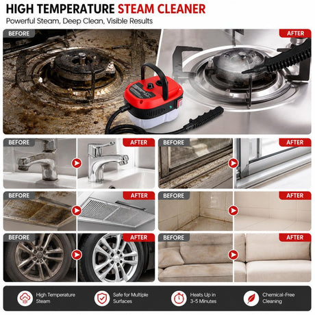Versora Pro Car Steam Cleaner, 2500W Steam Cleaner, Lightweight High-Temp Steamer for Auto Detailing, Sofa, Tile & Grease, Large Tank + Brush Heads Included  - Red