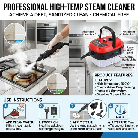 Versora Pro Car Steam Cleaner, 2500W Steam Cleaner, Lightweight High-Temp Steamer for Auto Detailing, Sofa, Tile & Grease, Large Tank + Brush Heads Included (White)