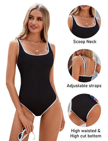 Women's Black One Piece Swimsuit with White Trim: Adjustable Strap, Ribbed, High Cut for Sports & Beach（L）