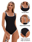 Women's Black One Piece Swimsuit with White Trim: Adjustable Strap, Ribbed, High Cut for Sports & Beach（M）