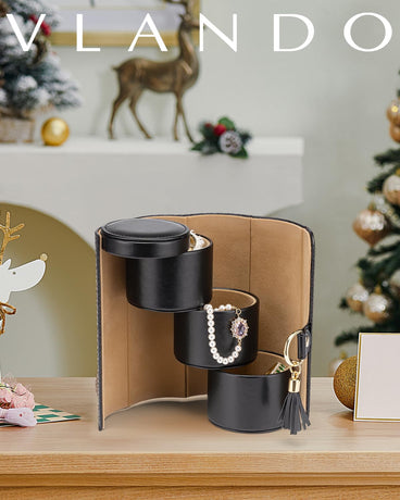 Black Travel Jewelry Case: 3-Layer PU Cylinder Organizer for Necklaces, Earrings, Gifts for Travelers & Jewelry Lovers