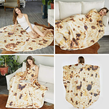 Burritos Tortilla Throw Blanket (Brown), Novelty Funny Round Blanket for Kids & Adults, Soft Flannel Tortilla Wrap Blanket（47