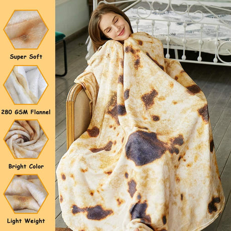 Burritos Tortilla Throw Blanket (Brown), Novelty Funny Round Blanket for Kids & Adults, Soft Flannel Tortilla Wrap Blanket（60