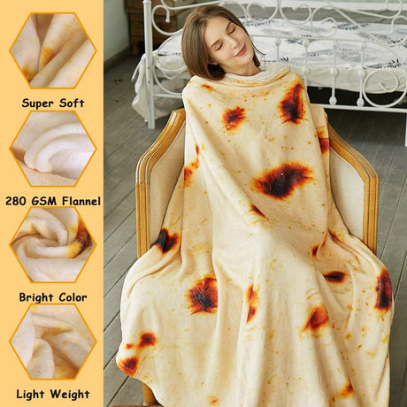 Burritos Tortilla Throw Blanket (Yellow), Novelty Funny Round Blanket for Kids & Adults, Soft Flannel Tortilla Wrap Blanket（47