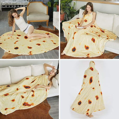 Burritos Tortilla Throw Blanket (Yellow), Novelty Funny Round Blanket for Kids & Adults, Soft Flannel Tortilla Wrap Blanket（60