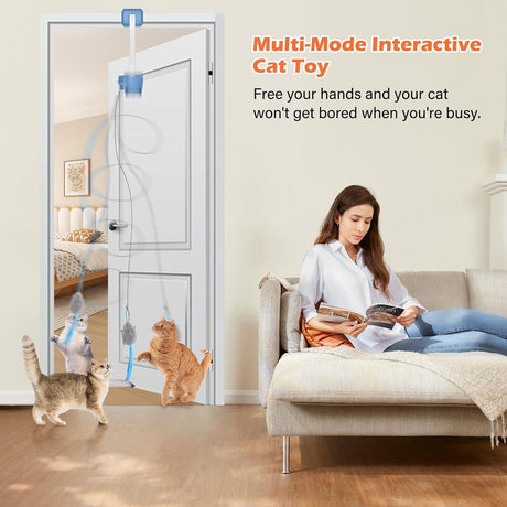 Rechargeable Electric Cat Teaser with Remote: Interactive 2-Mode Door Clip Toy for Australian Cats’ Exercise & Fun (Blue)