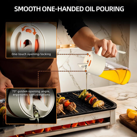 2-in-1 Oil Sprayer & Dispenser with Precision Spray, Wide-Mouth Refill, 500ml Glass Bottle for Air Fryer, Grilling, Salads (White)