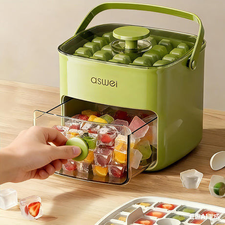 Portable Ice Cube Maker with Storage Drawer – BPA-Free, 48-Cube Capacity, Push-Release Tray & Transparent Lid for Cocktails, Coffee, Whiskey(Green)
