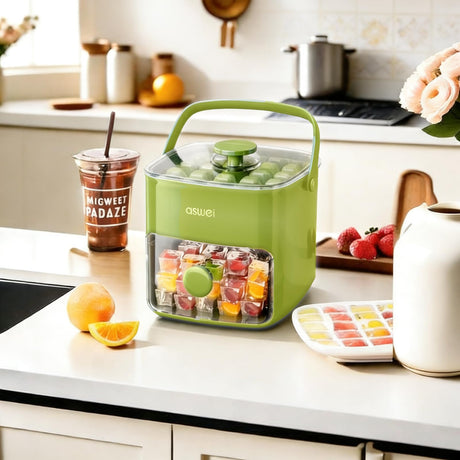 Portable Ice Cube Maker with Storage Drawer – BPA-Free, 48-Cube Capacity, Push-Release Tray & Transparent Lid for Cocktails, Coffee, Whiskey(Green)