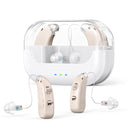 Rechargeable Hearing Amplifier with Charging Case – Compact Sound Enhancer for Daily Use, Noise Reduction & Clear Audio (White & Transparent Case, Skin Tone)