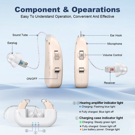 Rechargeable Hearing Amplifier with Charging Case – Compact Sound Enhancer for Daily Use, Noise Reduction & Clear Audio (White & Transparent Case, Skin Tone)