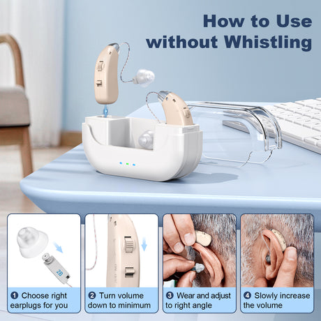 Rechargeable Hearing Amplifier with Charging Case – Compact Sound Enhancer for Daily Use, Noise Reduction & Clear Audio (White & Transparent Case, Skin Tone)