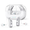 Rechargeable Hearing Amplifier with Charging Case – Compact Sound Enhancer for Daily Use, Noise Reduction & Clear Audio (White & Transparent Case, Silver Tone)