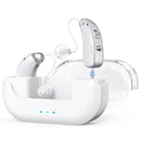 Rechargeable Hearing Amplifier with Charging Case – Compact Sound Enhancer for Daily Use, Noise Reduction & Clear Audio (White & Transparent Case, Silver Tone)
