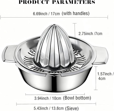 Stainless Steel Manual Citrus Juicer for Home & Travel – Durable Lemon Orange Squeezer with Strainer & Pour Spout (Silver)