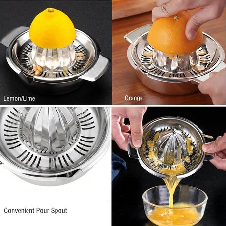 Stainless Steel Manual Citrus Juicer for Home & Travel – Durable Lemon Orange Squeezer with Strainer & Pour Spout (Silver)