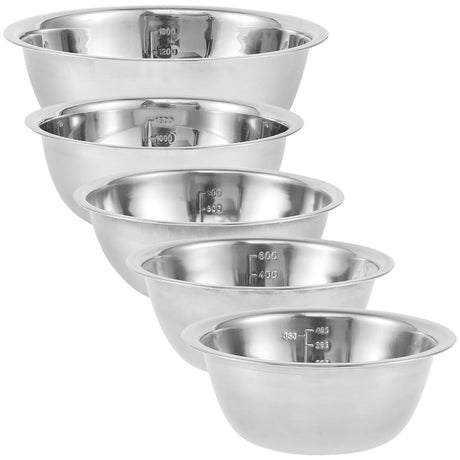 5-Piece Stainless Steel Mixing Bowl Set for Baking, Salad, Dough & Food Prep – Nesting Design with Measurement Marks and Durable Finish (Silver)