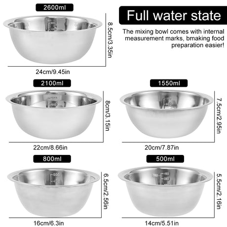 5-Piece Stainless Steel Mixing Bowl Set for Baking, Salad, Dough & Food Prep – Nesting Design with Measurement Marks and Durable Finish (Silver)