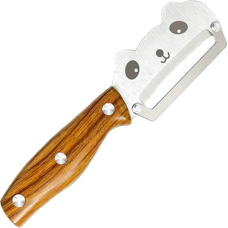 Panda-Face Stainless Steel Peeling Knife for Fruits & Vegetables—Curved Blade, Wood-Grain Handle, Compact Design—Ideal for Pumpkin, Zucchini, Sugarcane, Apples & More—Easy Grip, Portable Kitchen Tool (Brown)