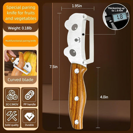 Panda-Face Stainless Steel Peeling Knife for Fruits & Vegetables—Curved Blade, Wood-Grain Handle, Compact Design—Ideal for Pumpkin, Zucchini, Sugarcane, Apples & More—Easy Grip, Portable Kitchen Tool (Brown)