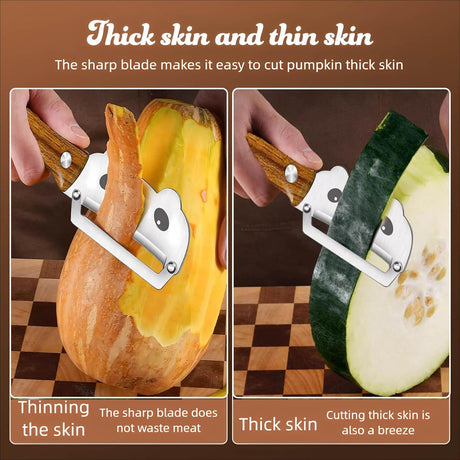 Panda-Face Stainless Steel Peeling Knife for Fruits & Vegetables—Curved Blade, Wood-Grain Handle, Compact Design—Ideal for Pumpkin, Zucchini, Sugarcane, Apples & More—Easy Grip, Portable Kitchen Tool (Brown)