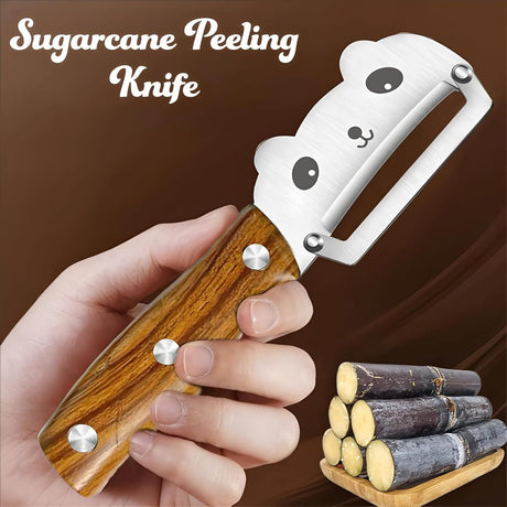 Panda-Face Stainless Steel Peeling Knife for Fruits & Vegetables—Curved Blade, Wood-Grain Handle, Compact Design—Ideal for Pumpkin, Zucchini, Sugarcane, Apples & More—Easy Grip, Portable Kitchen Tool (Brown)