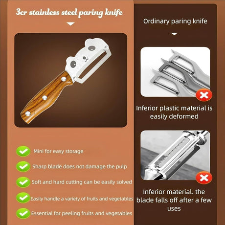 Panda-Face Stainless Steel Peeling Knife for Fruits & Vegetables—Curved Blade, Wood-Grain Handle, Compact Design—Ideal for Pumpkin, Zucchini, Sugarcane, Apples & More—Easy Grip, Portable Kitchen Tool (Brown)