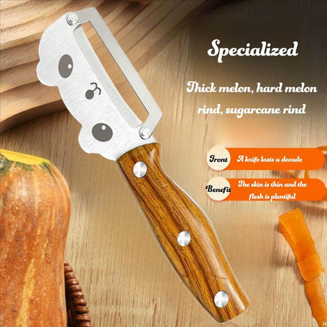 Panda-Face Stainless Steel Peeling Knife for Fruits & Vegetables—Curved Blade, Wood-Grain Handle, Compact Design—Ideal for Pumpkin, Zucchini, Sugarcane, Apples & More—Easy Grip, Portable Kitchen Tool (Brown)