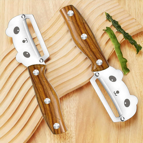 Panda-Face Stainless Steel Peeling Knife for Fruits & Vegetables—Curved Blade, Wood-Grain Handle, Compact Design—Ideal for Pumpkin, Zucchini, Sugarcane, Apples & More—Easy Grip, Portable Kitchen Tool (Brown)