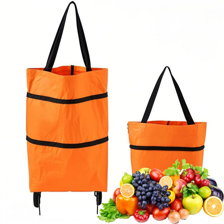 2-in-1 Collapsible Shopping Trolley with Wheels – Foldable Grocery Cart, Reusable Waterproof Oxford Bag for Supermarket, Picnic & Travel (Orange)