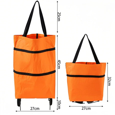 2-in-1 Collapsible Shopping Trolley with Wheels – Foldable Grocery Cart, Reusable Waterproof Oxford Bag for Supermarket, Picnic & Travel (Orange)