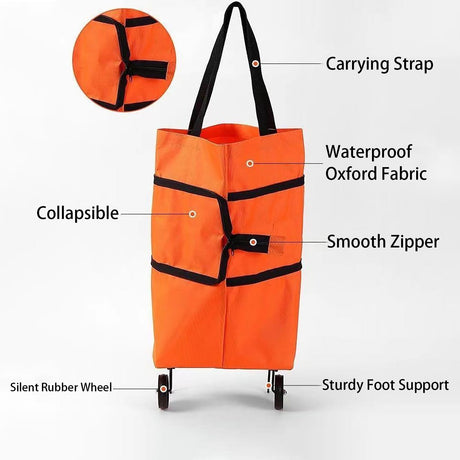 2-in-1 Collapsible Shopping Trolley with Wheels – Foldable Grocery Cart, Reusable Waterproof Oxford Bag for Supermarket, Picnic & Travel (Orange)